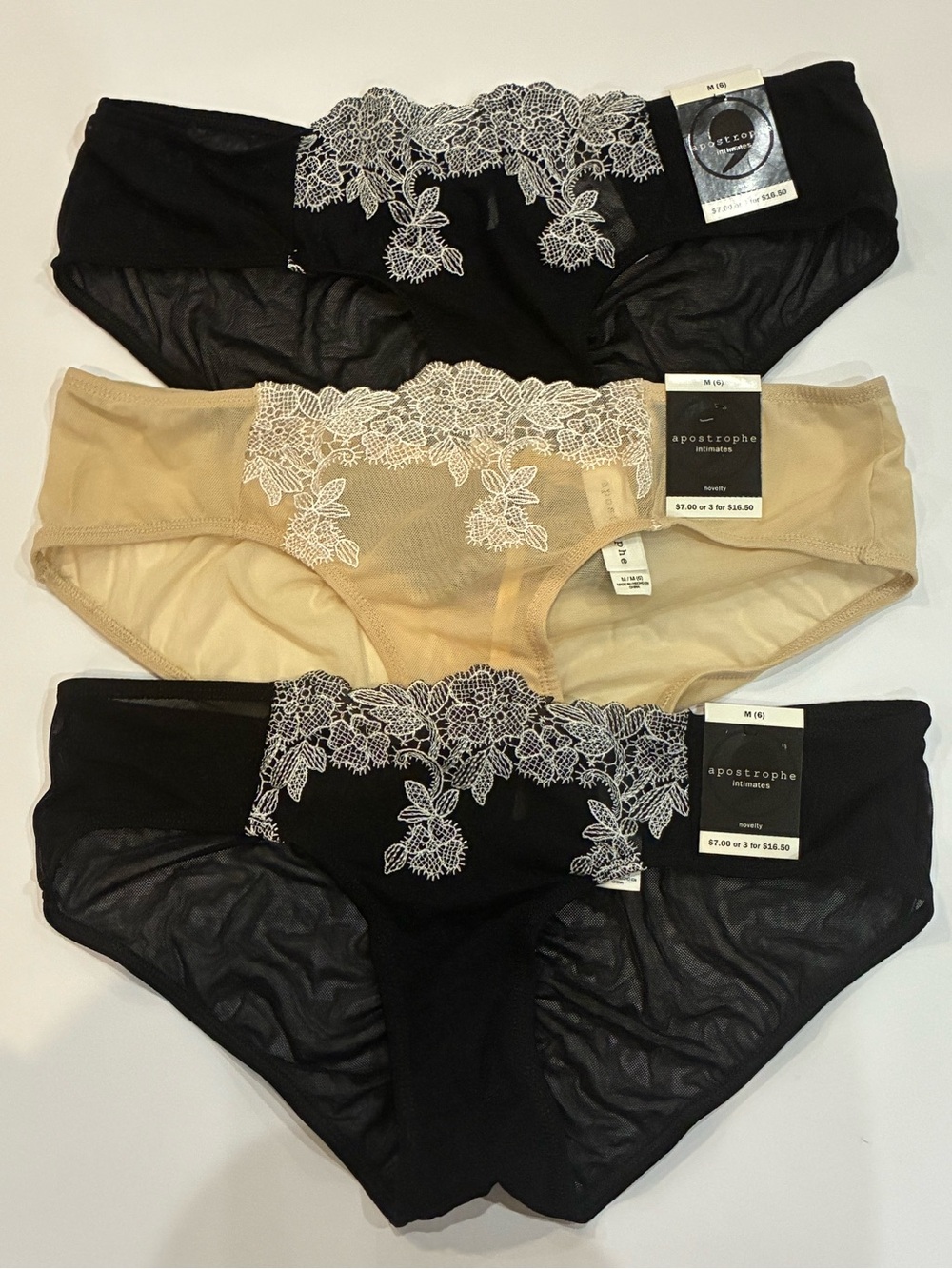 Apostrophe Lace-Trim Hipster Panties – Black & Nude Trio